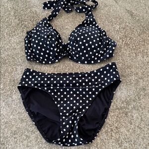 Polka Dot Halter Bikini Set - Black and White